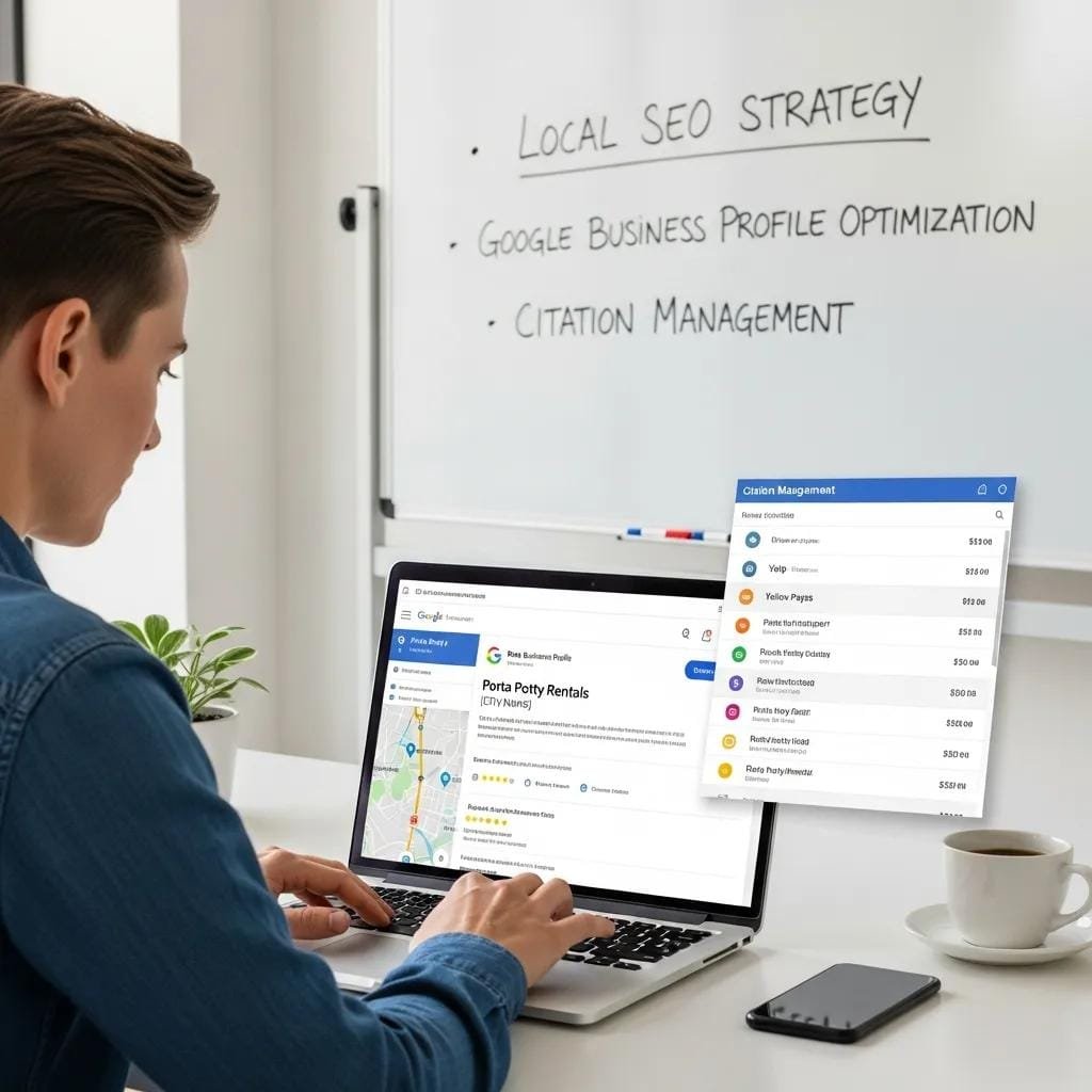 Marketing pro reviewing local SEO performance for a porta potty rental business