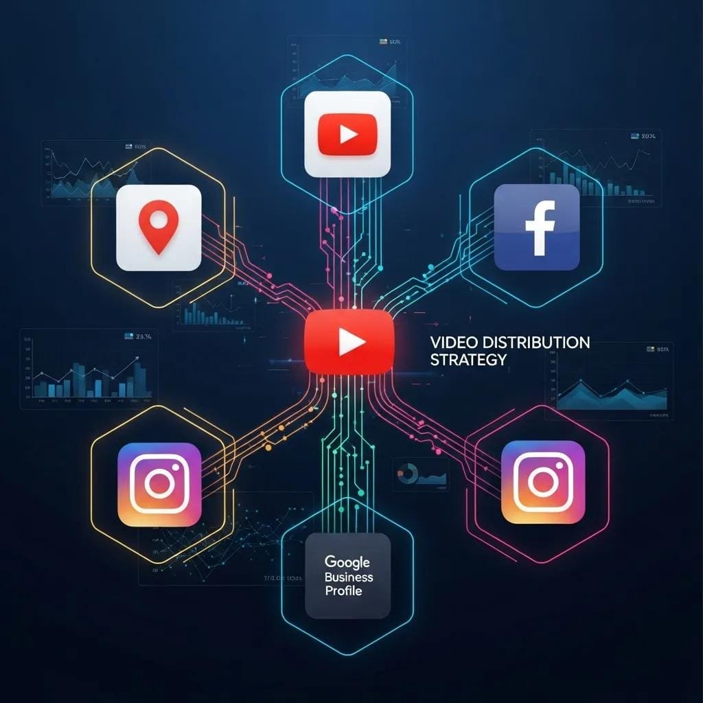 Diagram showing video distribution across social platforms and Google Business Profile for local reach