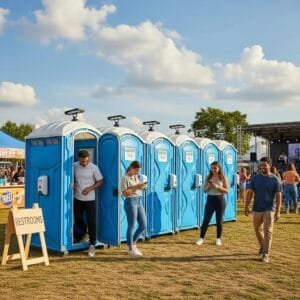Modern porta potty setup at an outdoor event emphasizing cleanliness and convenience