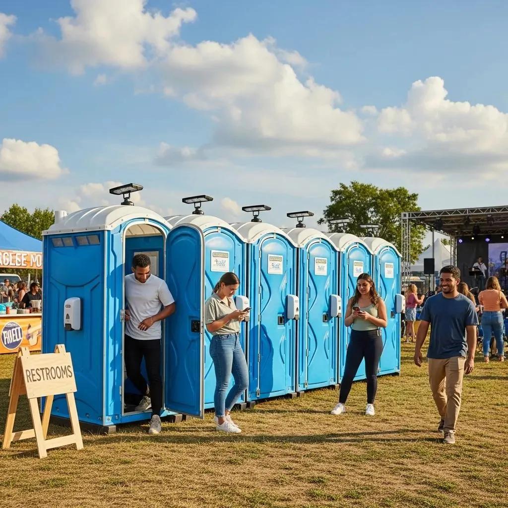 Modern porta potty setup at an outdoor event emphasizing cleanliness and convenience