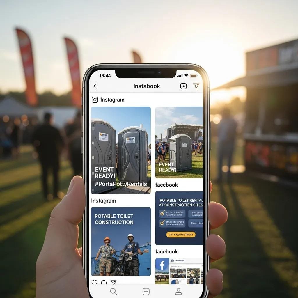 Smartphone showing a social campaign for porta potty rentals—visuals and social proof driving inquiries