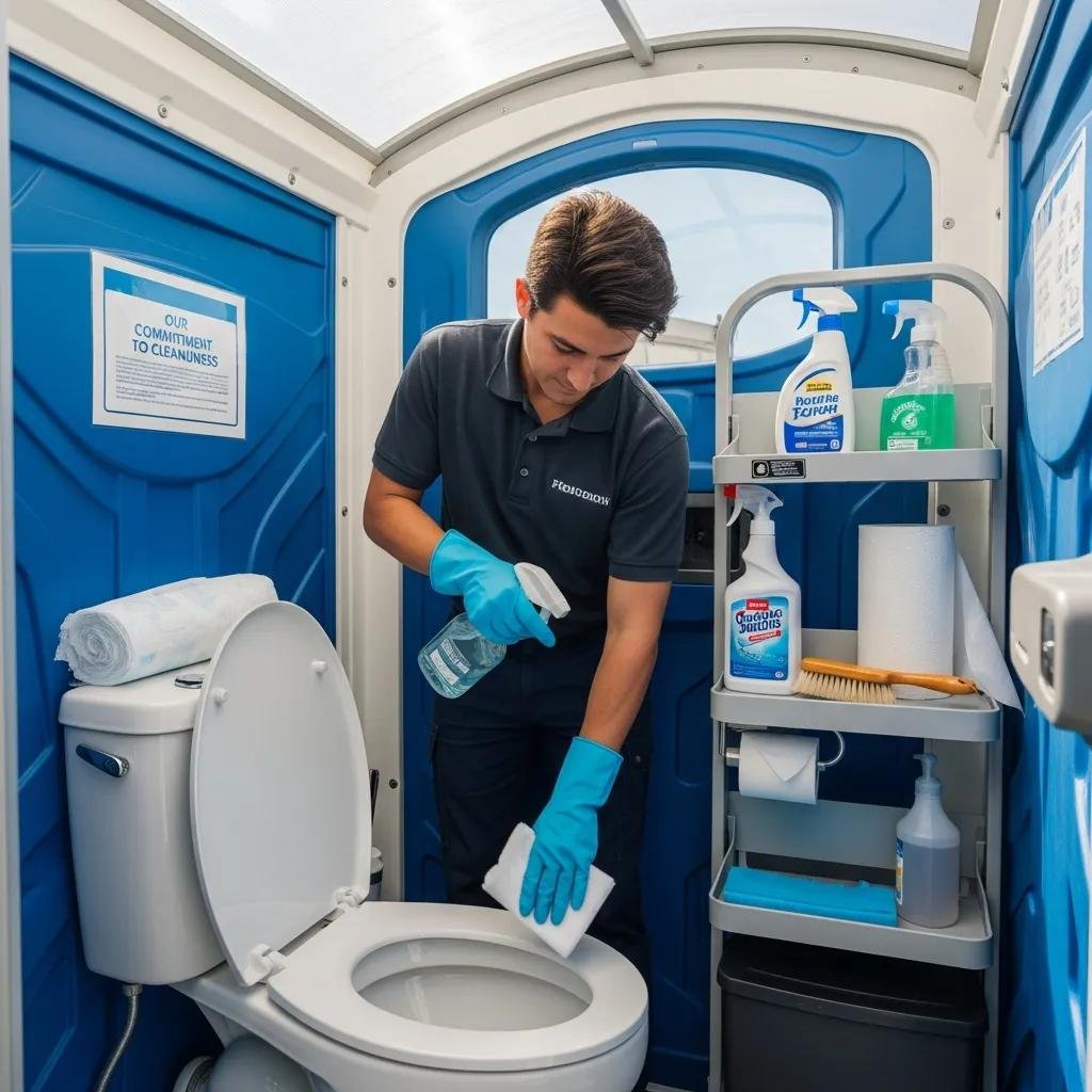 Technician demonstrating porta-potty cleaning procedures to show hygiene and reliability